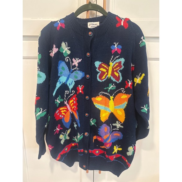 Dzongri Sweaters - Handknit granny core Butterfly boho Cardigan Navy Blue Cotton Women's S/M whimsy